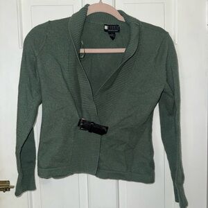 100% Merino Wool Carole Little Sage Cardigan with Buckle Accent